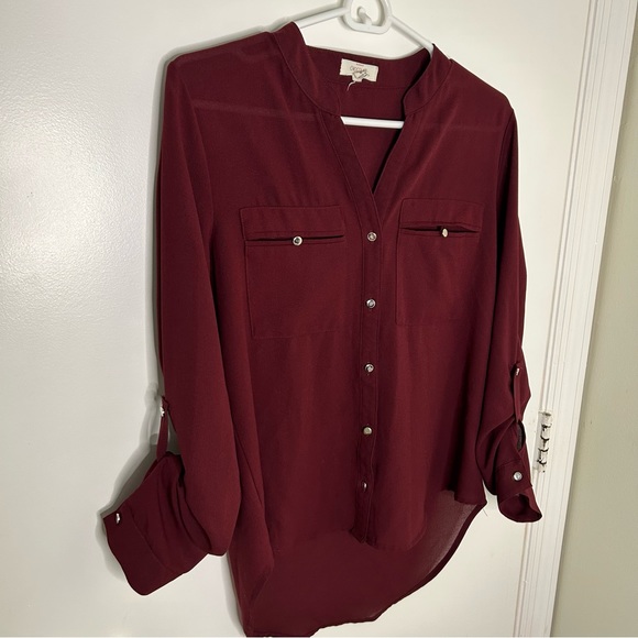 Chocolate Tops - Burgundy red long sleeve button up blouse | medium